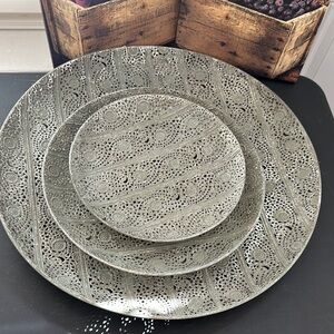 Set of three metal round wall decor — silver and mint green color